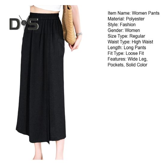 Dámské letní kalhoty elastické s vysokým pasem široké nohavice dlouhé kalhoty jednobarevné rozparkované manžety volný střih sukně kalhoty denní nošení