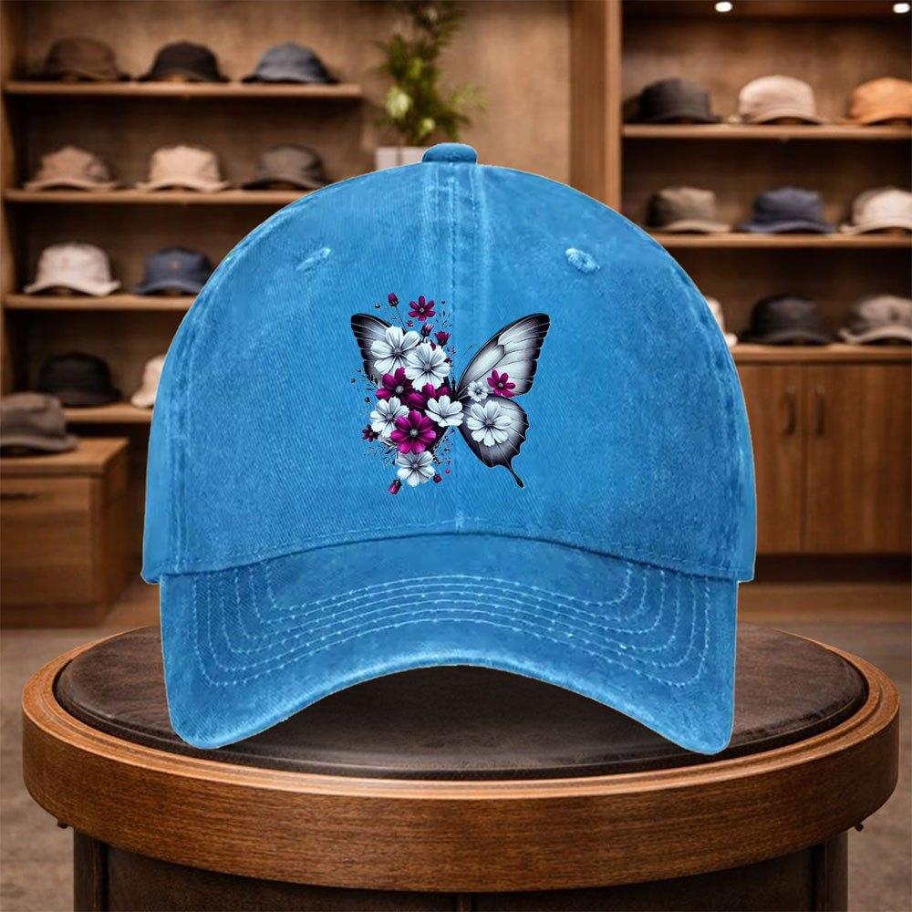 A Black And White Floral Butterfly Print Baseball Cap a Casual Duckbill Hat Stylish Headwear Adjustable for Outdoor Use Suit