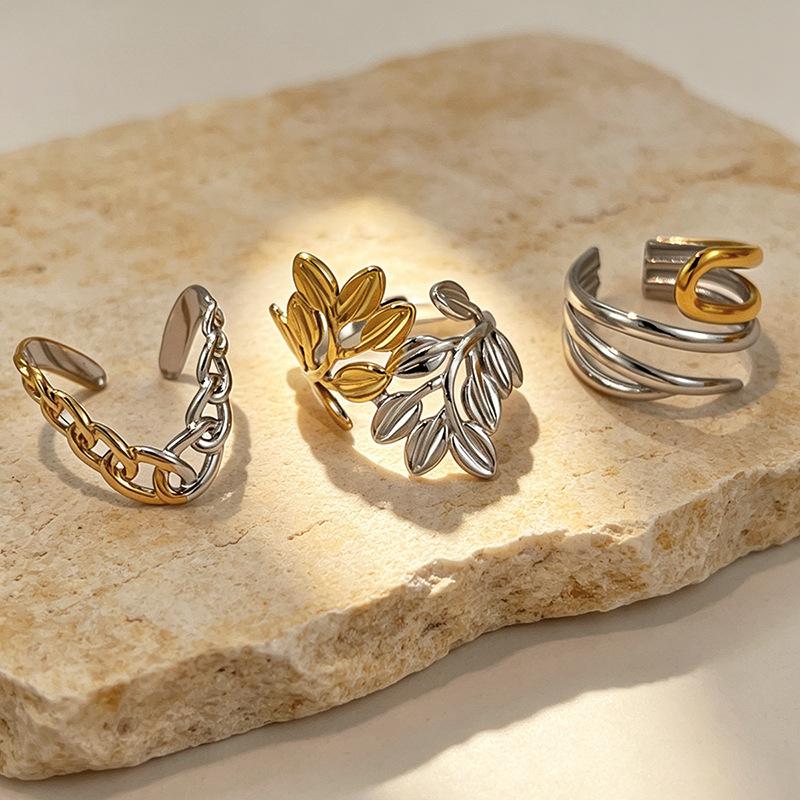 New Stainless Steel Rings Neutral Two Tone Spliced Irregular Open Rings Fashion Non-Fading Banquet Daily Wear Jewelry Accessory