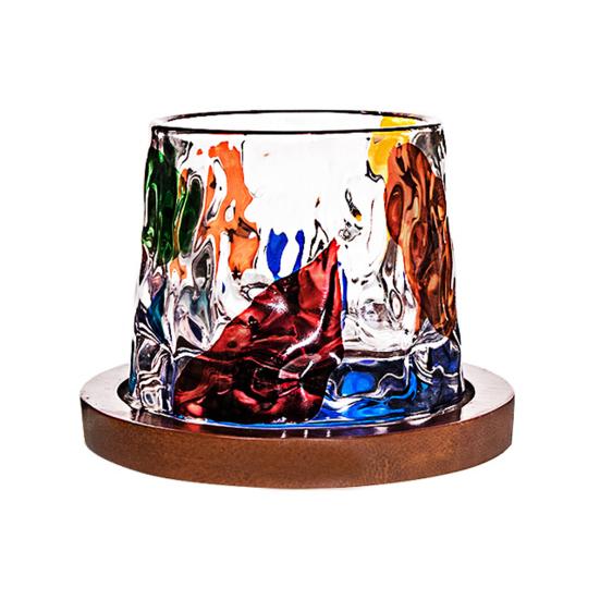 Drehbares Whiskey-Glas mit Holzständer, Handbemalter rotierender Tumbler für Bar, Schreibtischspielzeug zur Stressbewältigung Geschenk