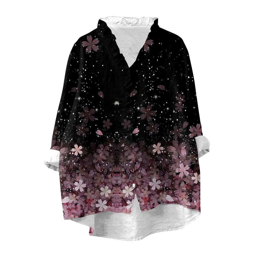 Women's Loose Ruffled Retro Floral Print Stand Collar Long Sleeve Cotton And Linen Top