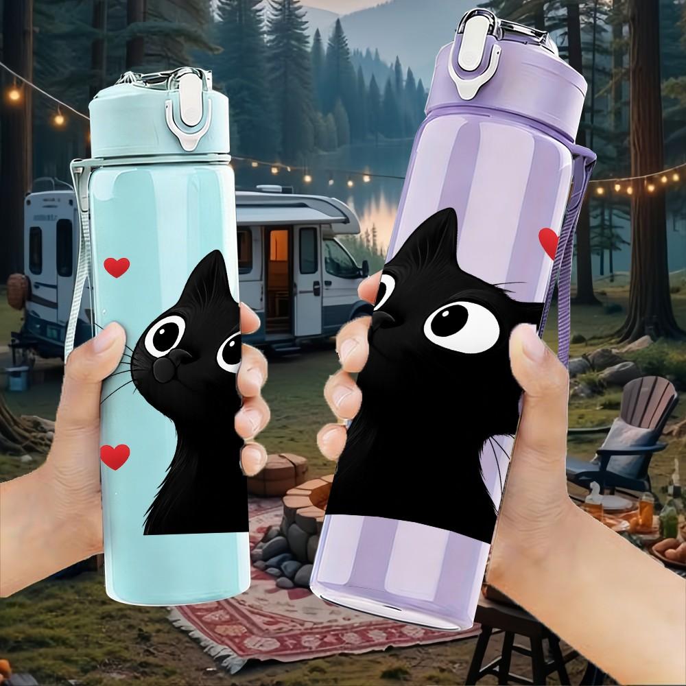 1PC Black Cat Red Heart Pattern 750ml Color Plastic Sports Water Bottle Leakproof Flip Straw Lid Suitable for Sports Office Home Use