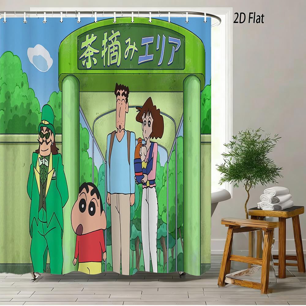 Crayon Shin-Chan & Friends Adventure 2D Print Waterproof Shower Curtain, Anime Bathroom Decor With Hooks