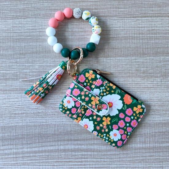 Ladies Floral Wristlet Wallet Boho Style Coin Purse Keychain with Tassel Elastic
