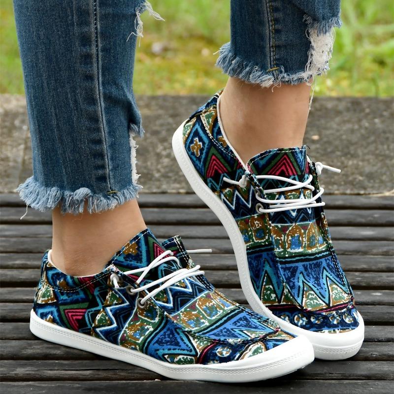 Women's Ethnic Geometric Pattern Lace-Up Slip-On Loafers - Breathable Fabric Round Toe Casual Boat Shoes with TPR Sole