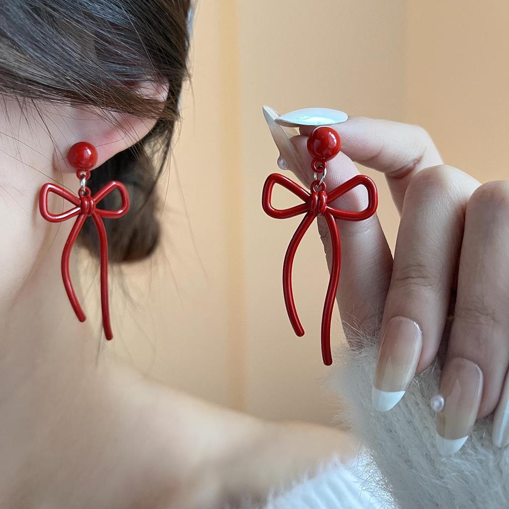 Red Bow Drip Oil Earrings: 925 Sterling Silver Autumn/Winter Studs for Women