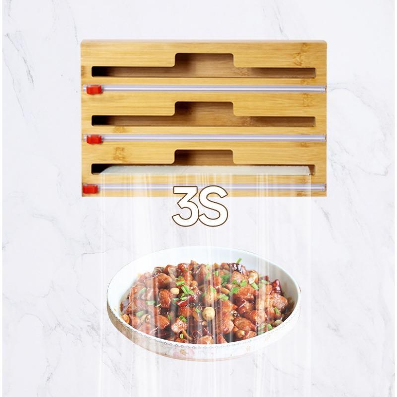 3 In 1 Wrap Organizer with Cutter Plastic Wrap Aluminum Foil Wax Paper Bamboo Dispenser Natural Bamboo-Made Kitchen Organizer