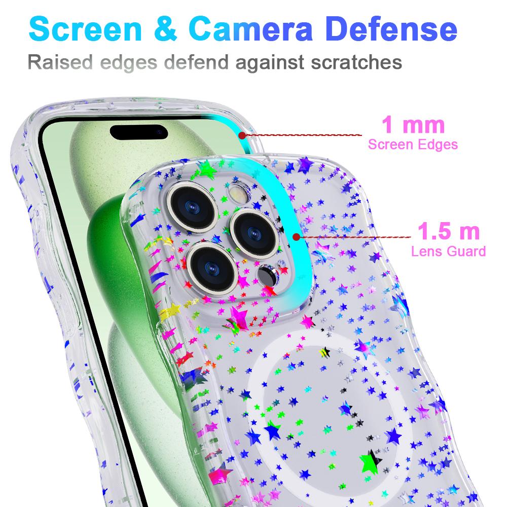 For iPhone 16 Pro Max Magnetic Case Wave Edge Glitter TPU Phone Back Cover