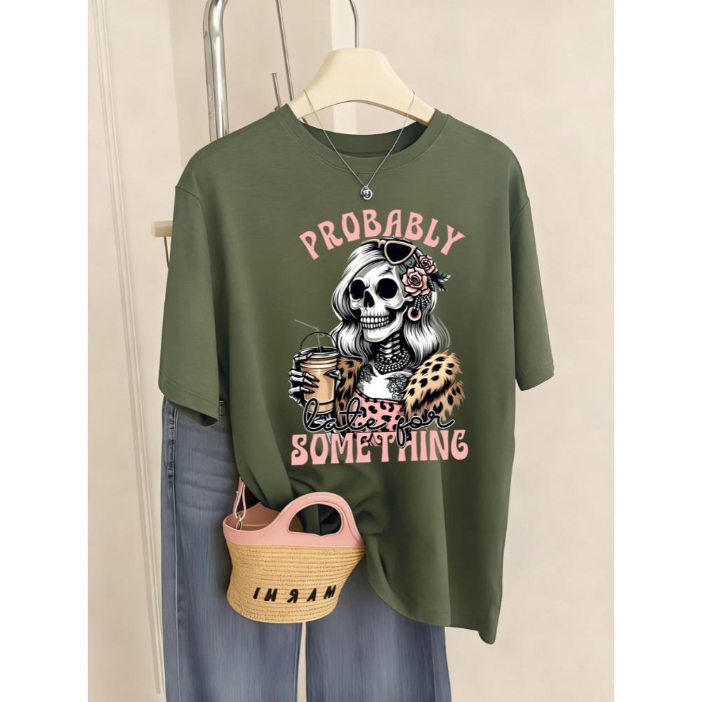 

Probably Something Coffee Skulls Printed T-Shirt Women O-Neck Casual Clothes Summer Streetwear Breathable T Shirt S