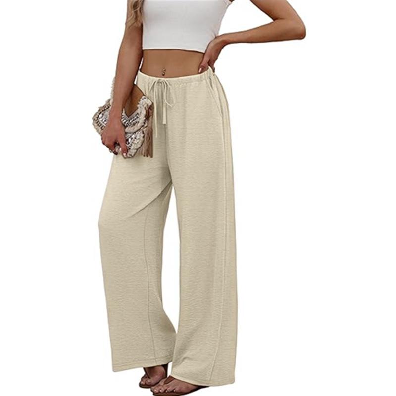 

European Fashion Women s Solid Color Wide-Leg Beach Pants with Elastic Waistband and Pockets, 2025 Collection. S бежевый