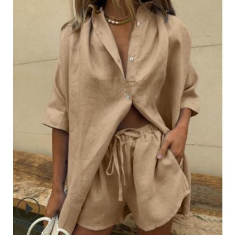 Summer Women Fashion Two Piece Set Casual Loose Button Tops with Drawstring Shorts Solid Color Home Suits Short Sleeve Outfit