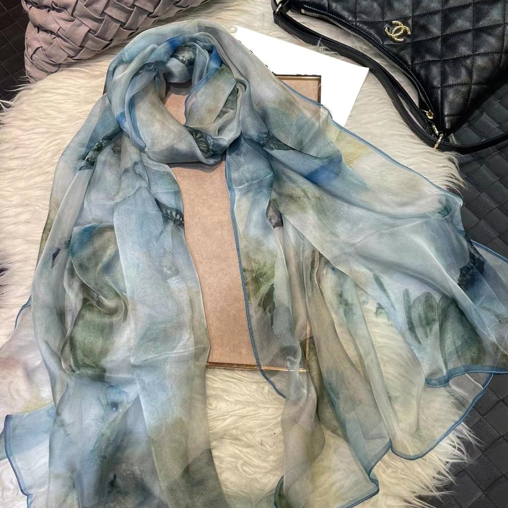 [Bysifa] Grey Blue Silk Scarf Cape Fashion Ladies 100% Silk Long Scarves Foulard Women Plaisley Design Chiffon Scarves Bufandas