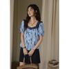 Mixiu Monet Blue Print Puff Sleeve Lace Cotton Blouse