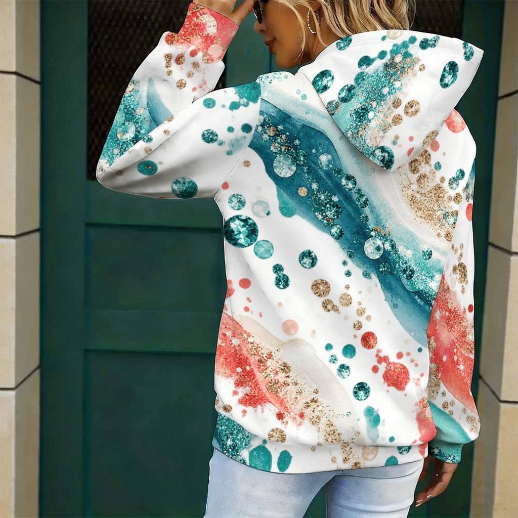 Women Plus Size White Blue Gray Printed Long Sleeve Drawstring Hood Kangaroo Pocket Pullover Hoodie