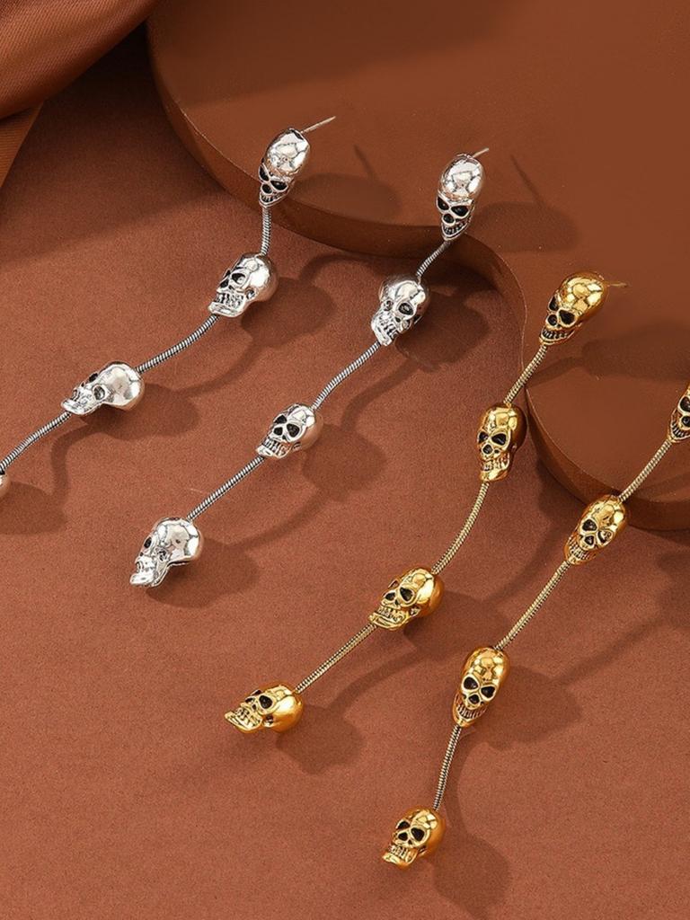 Women's Halloween Earrings, Punk Vintage Alloy Skull Dangle Ear Rings, Long Tassel Design, Unique Party Jewelry Accessory