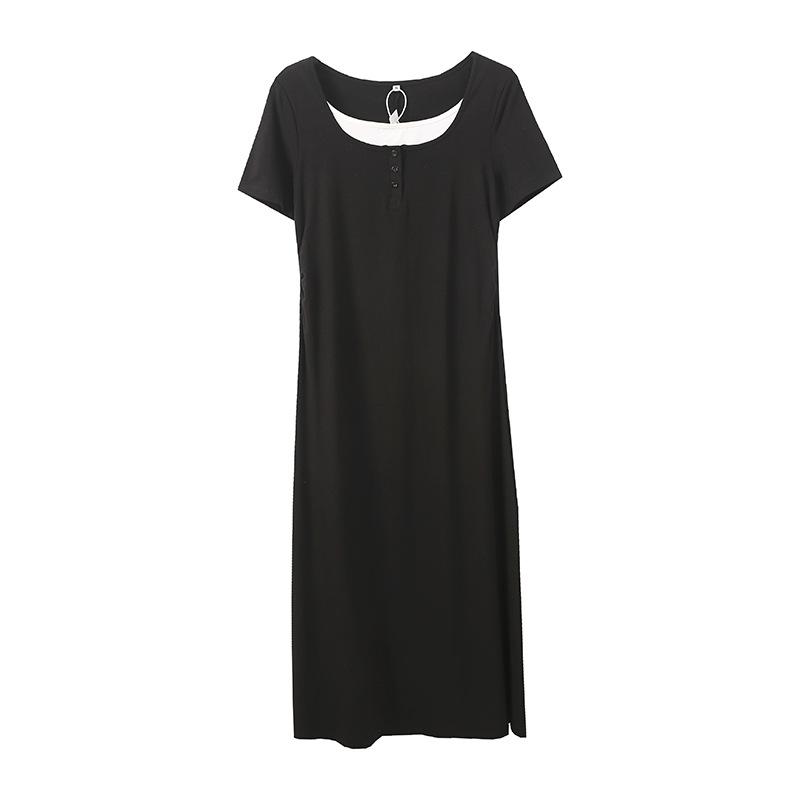 Simple fake two-piece lazy waist dress summer new fat mm pullover commuter medium and long dress 252559
