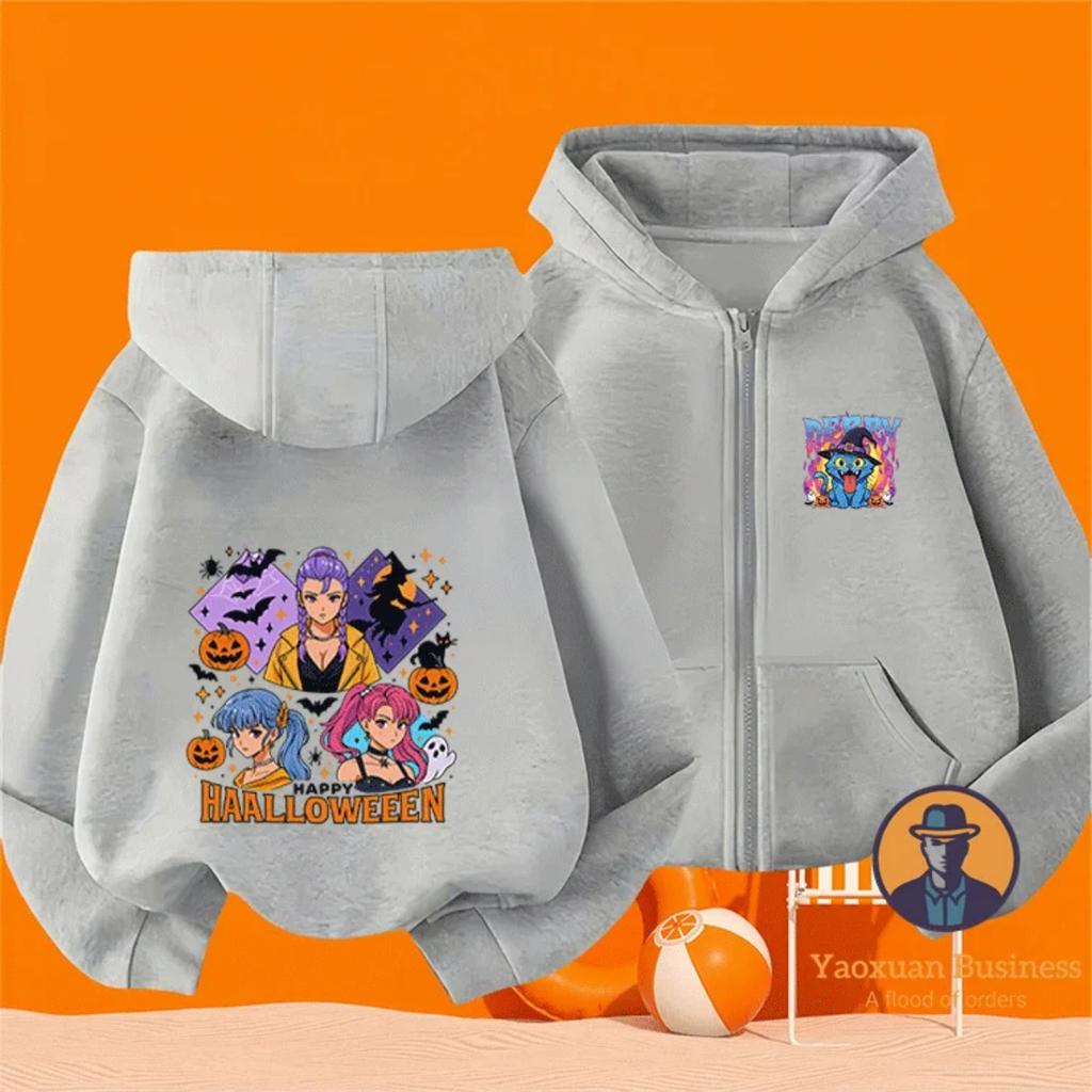 Halloween Style KPop Devil Hunter Girl Children's Zipper Hoodie Cute Cartoon Print Warm Windproof Autumn and Winter Fashion Clothing