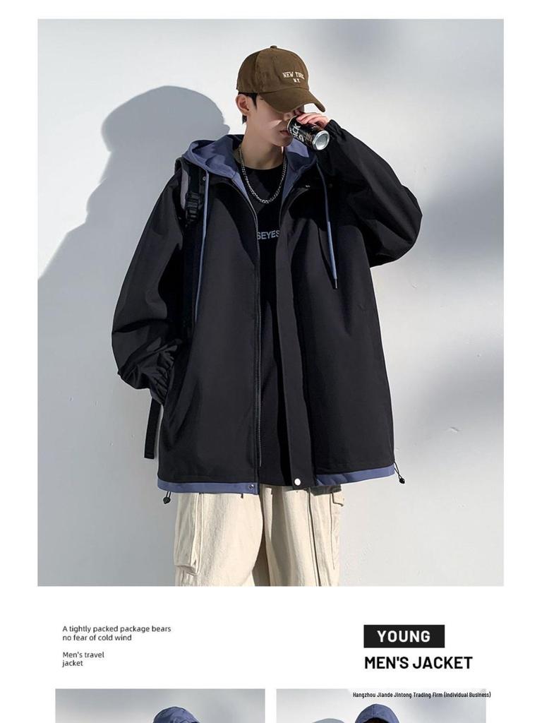 Men's Hooded Cotton Two-Piece Jacket for Spring/Autumn - Casual, Loose, Plus Size & Trendy
