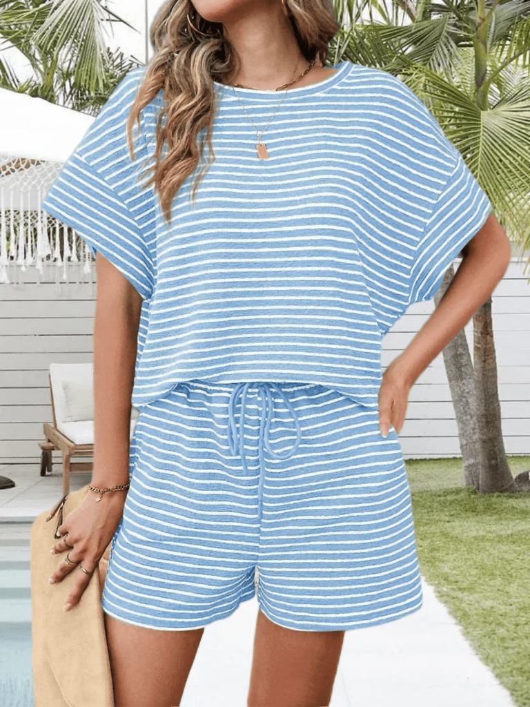 Women's Striped 2 Piece Pajama Set Oversized Short Sleeve T Shirt and Drawstring Shorts