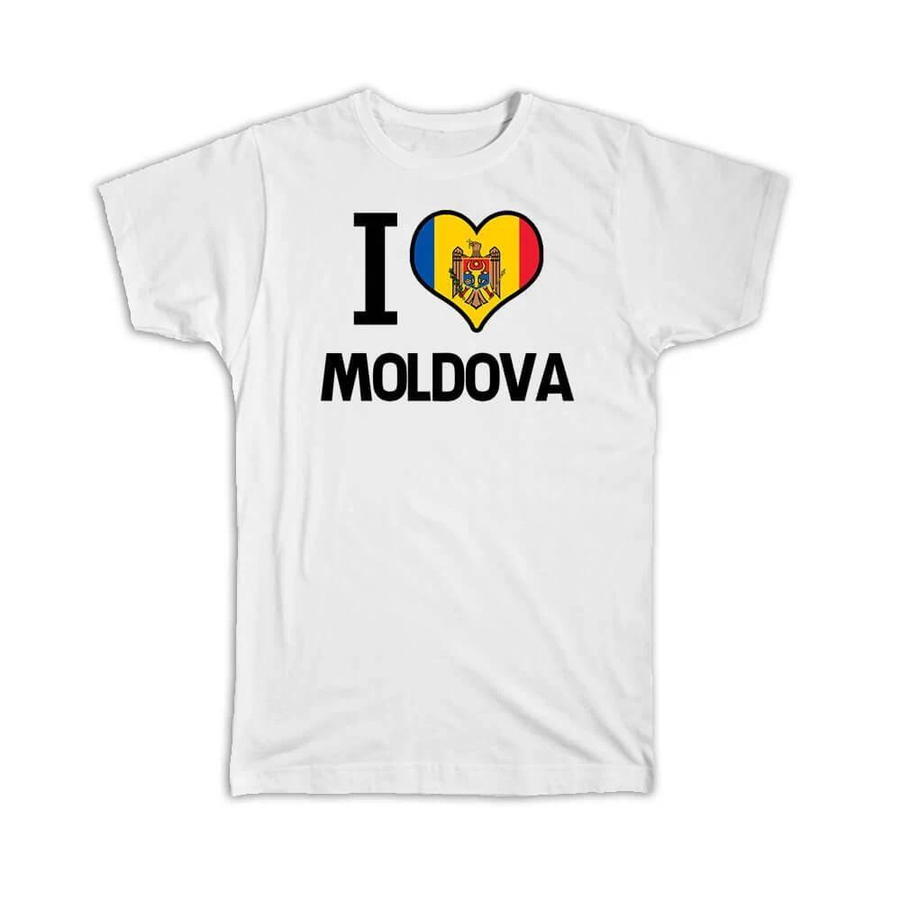 Gift T-Shirt : I Love Moldova Flag Heart Country Crest Moldovan Expat S