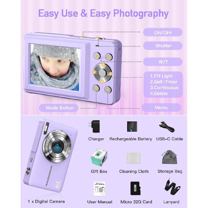 Digital Camera, FHD 1080P Kids Camera, 44MP Point and Shoot Cameras for Pictures with 32GB Card, 16X Zoom, Lanyard, Portable Travel Mini Camera for