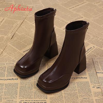 Fashion Aphixta Classic Platform Woman Ankle Boots Square Toe Back Zipper 7cm High Heels Sewing Modern Boot Autumn Winer Ladies Shoes