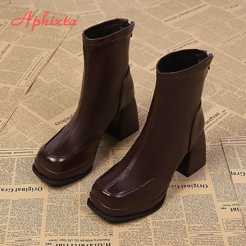 Aphixta Classic Platform Woman Ankle Boots Square Toe Back Zipper 7cm High Heels Sewing Modern Boot Autumn Winer Ladies Shoes