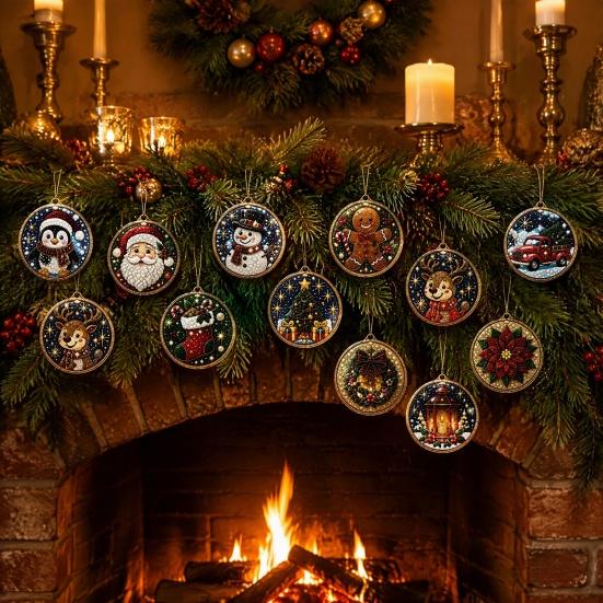 Festive Home Decoration 12PCS Christmas Tree 2D Flat Pendant, Pearl Acrylic Art Kits, Bright Seasonal Wall Hanging Color Classic Patterns Ornament for