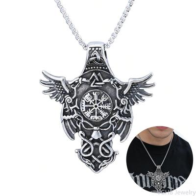 Popular Double-headed Crow Viking Rune Titanium Steel Necklace, Domineering Personality Trend Men's Compass Pendant