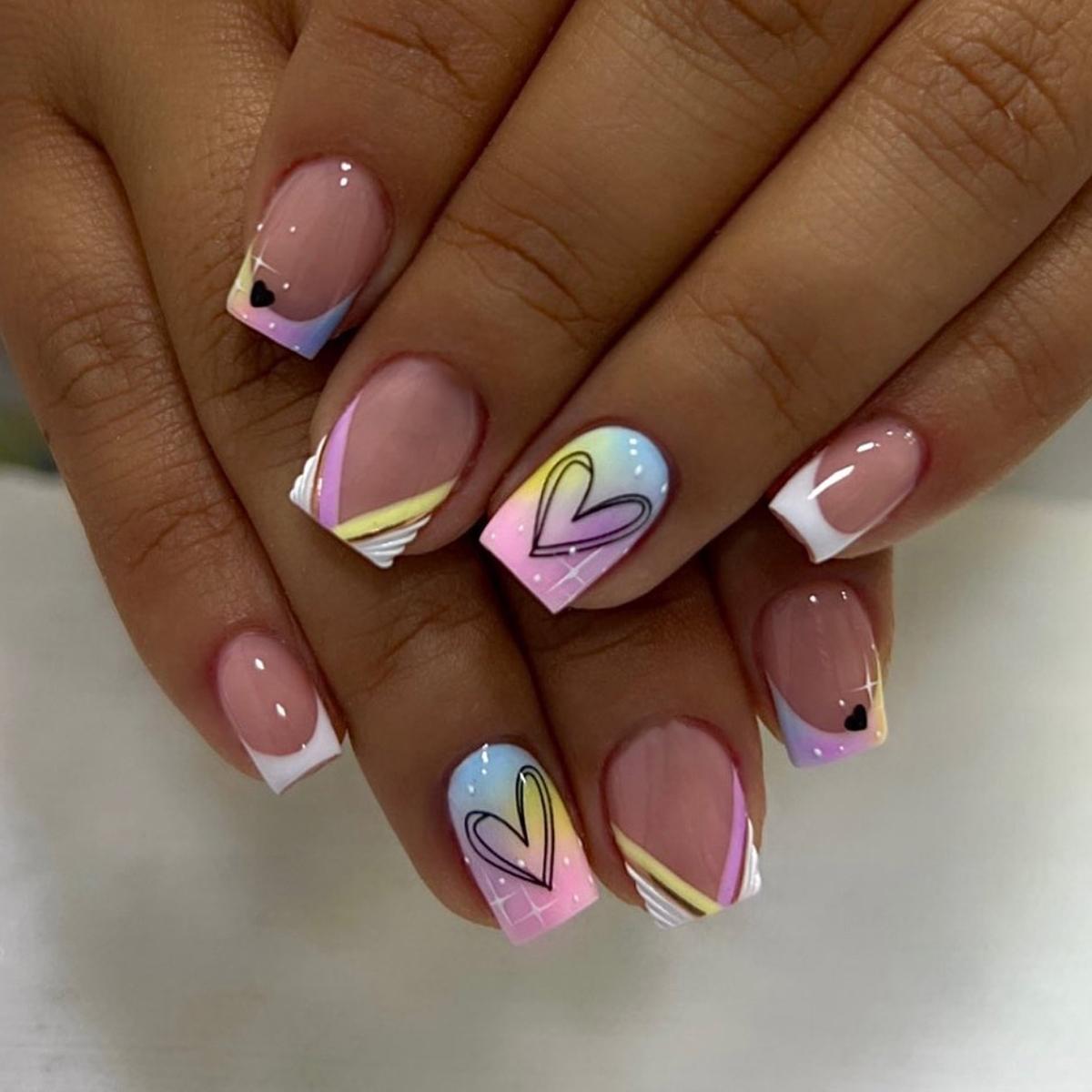 

24 pieces of short square fake nails, featuring a halo dyed gradient heart and a colorful French design in European and American