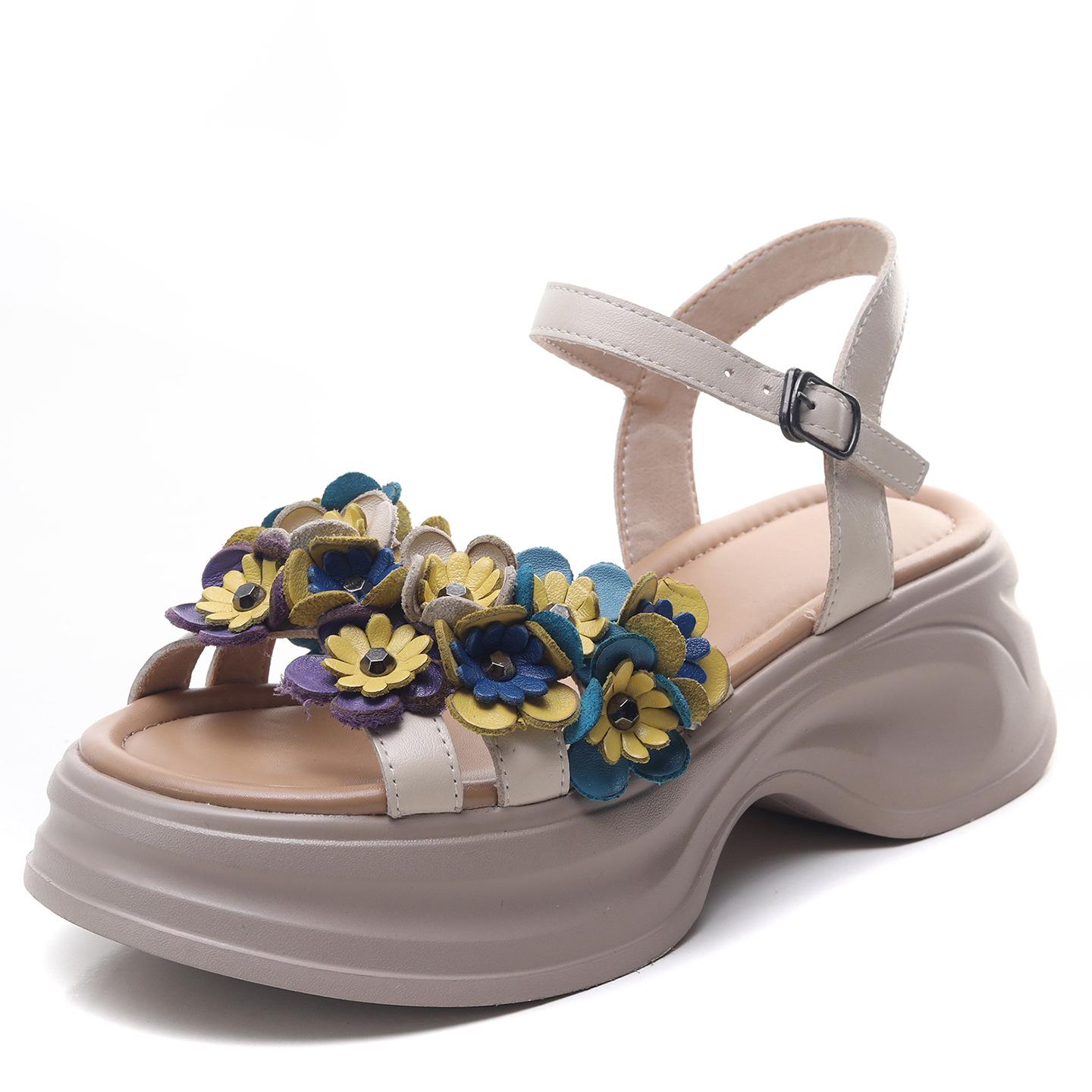 

Johnature Сандалии из натуральной кожи в стиле ретро с цветочным узором и открытым носком, повседневные универсальные на толстой подошве и толстом каблуке, женская обувь 40