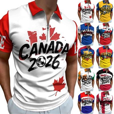 Men’s Casual Loose Fit Letter Print Polo Neck Short Sleeve T Shirt with Front Zip and Soccer Graphic for Daily Wear