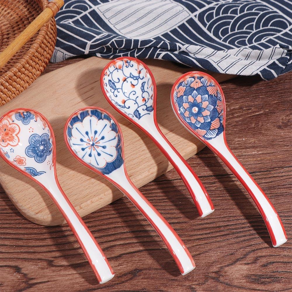 Set of 4 Curved Handle Ceramic Soup Spoon Porcelain Cooking Utensil Noodles Ramen Spoons  Kitchen