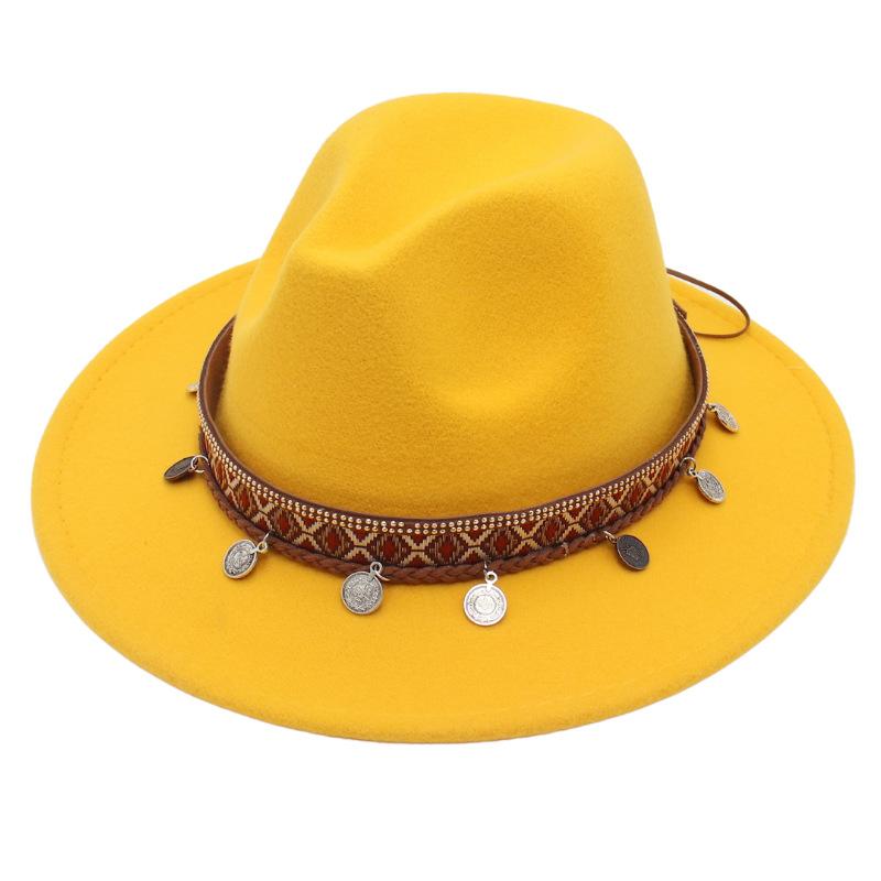 Ethnic Topper Hat Imitation Silver Accessories Felt Hat Jazz Hat Big Brim Stage Performance Hat