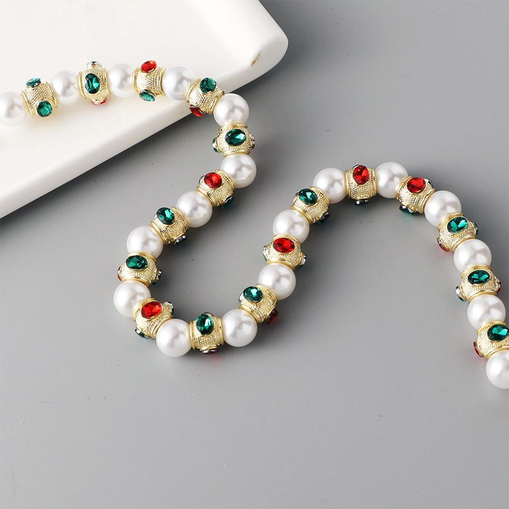 Vintage Heavy Craftsmanship Glass Pearls Necklace With Red Green Gemstones Designs Zinc Alloy Jewelry for Women