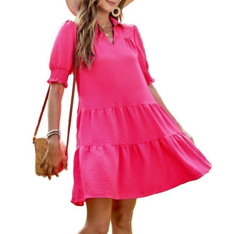 Casual Summer Swing Dress V Neck Short Sleeve Pleated Midi Flowy A Line Sundress Women Beach Dress with Lapel Collar