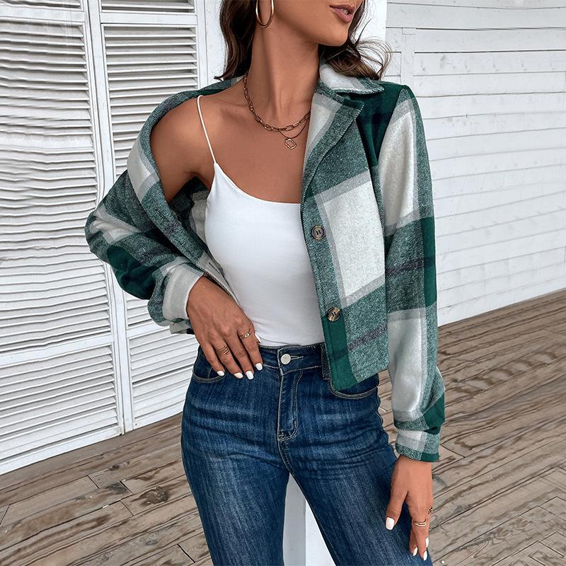 Autumn Women's Jacket Short Plaid Cardigan Vintage Lapel Cozy Casual Long Sleeve Jacket