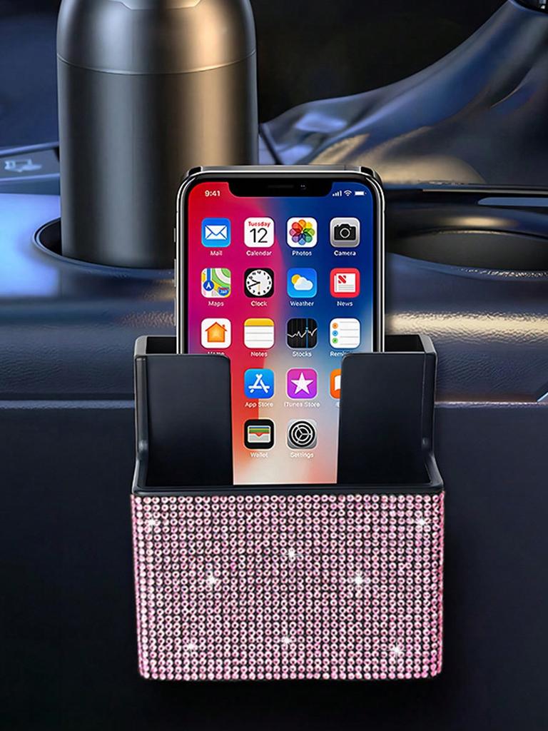 Bling Car Dashboard Organizer – Rhinestone Adhesive Storage Box, Non-Slip Liner, Universal Fit for All Vehicles