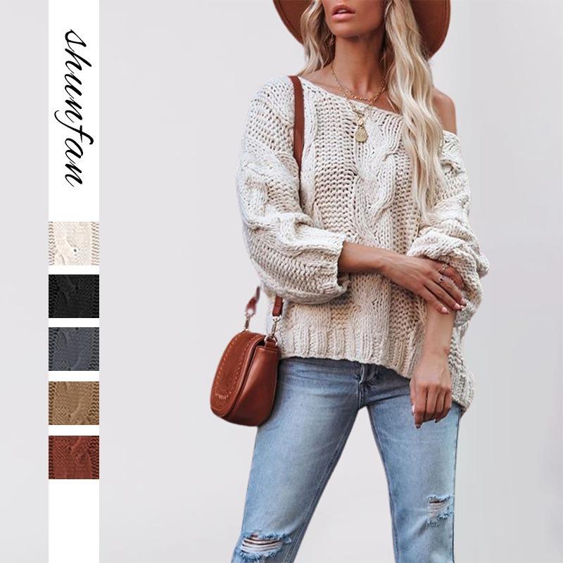 Autumn and Winter New Street Style One-word Collar Twist Pullover Loose Large Size Sweater Women