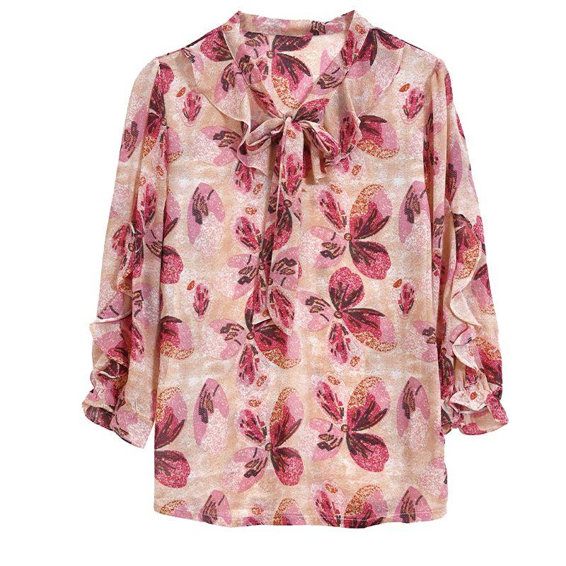 Spring Summer New Bow Tie Chiffon Shirt Women's Three Quarter Sleeve Top Elegant Fashion Floral Printing Chiffon Blouse Femme
