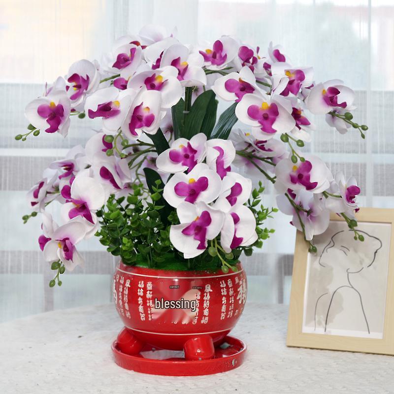 Phalaenopsis Silk Flower Arrangement in Red Ceramic Pot for Indoor Decoration or Weddings