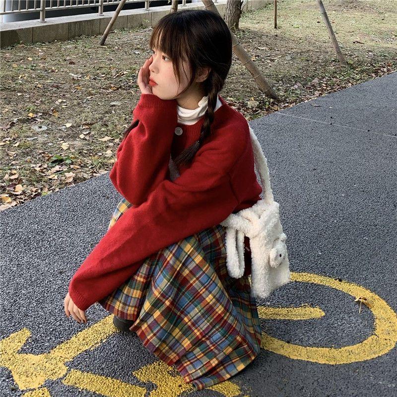 Christmas Rainbow Plaid Woolen Pleated Skirt Japanese High-waisted Slim Skirt Sweet Vintage Fashion Faldas Para Mujeres
