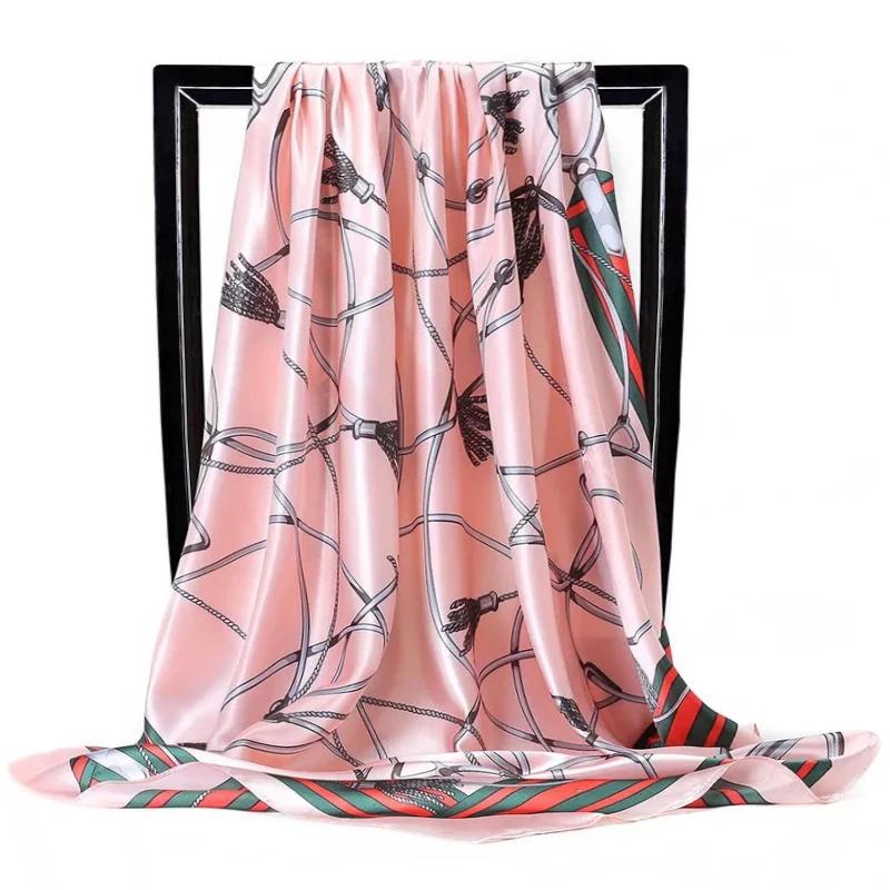 90*90cm Satin Scarf for Women Cashew Flower Print Chain Scarf Spring and Summer New Style Shawl Scarf for Women 2024 New Style