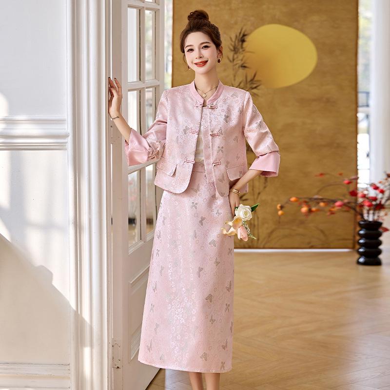 

2025 Spring New Chinese Style Jacquard Frog Button Stand Collar Two-Piece Skirt Set XL (60-65 kg)