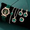 Sada 6 ks Zelené Luxusní křemenné hodinky Ženy Prsten Náhrdelník Náušnice Kamínkové Módní Náramkové hodinky Běžné Dámské Náramek Hodinky