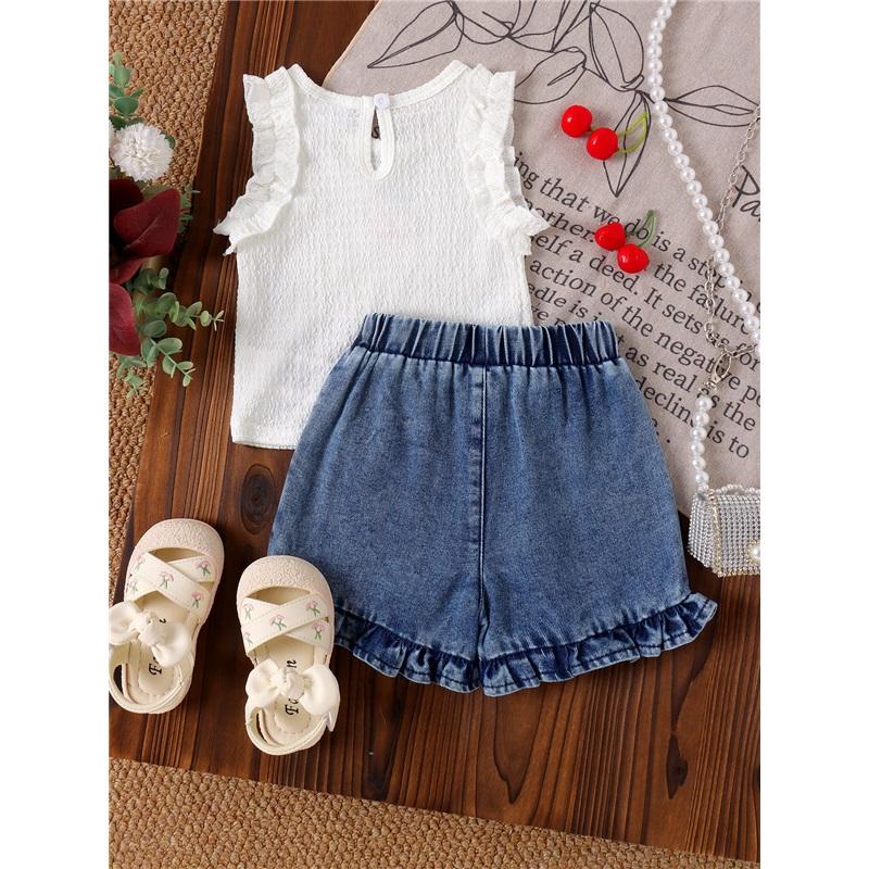 Children's Fashion Set: Summer Girls' Cherry-Print Tank Top + Vintage-Style Jeans Set