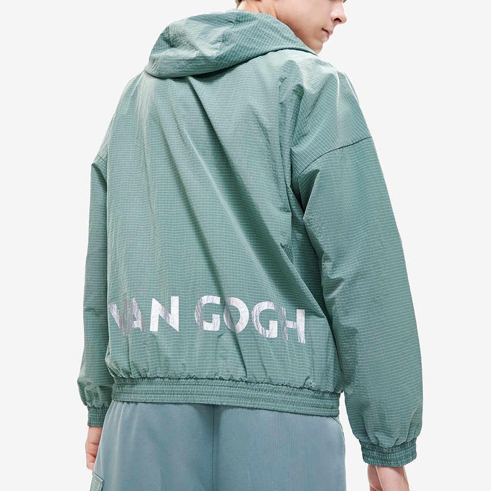 FILA Van Gogh Collaboration Solid Color Logo Breathable Woven Hooded Jacket Men jackets Ail-Green F11M228702F-TQ
