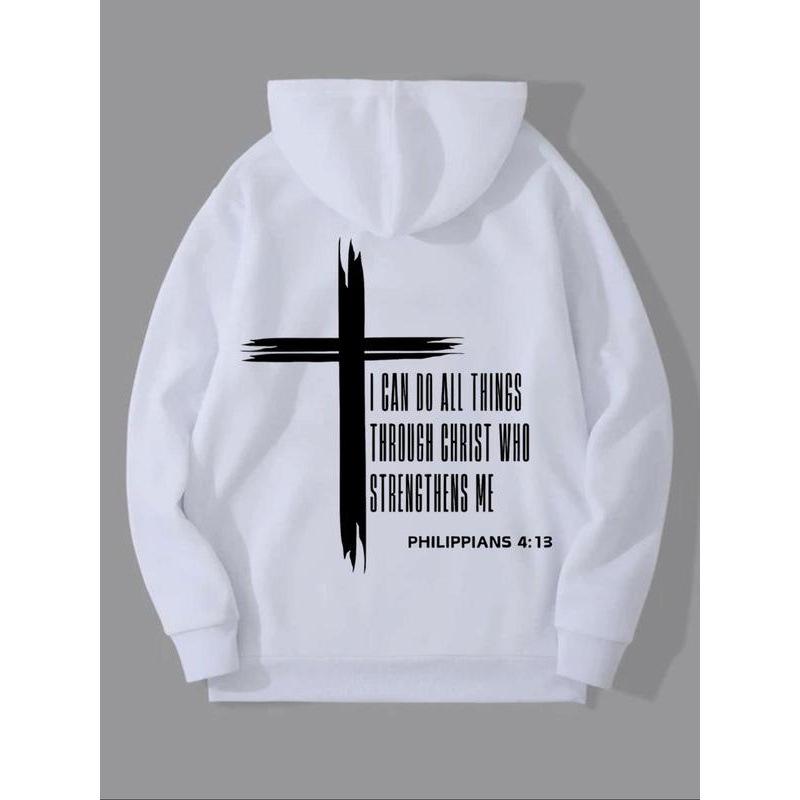 Men s Cross & Letter Print Drop Shoulder Hoodie S белый