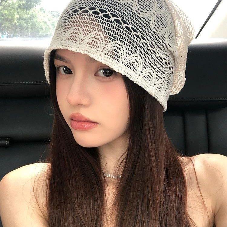 Women's Japanese Style Slouchy Hat Spring and Summer Hollow Large Head Circumference Head-Slimming Thin Beanie Breathable Head-Wrapping Hat