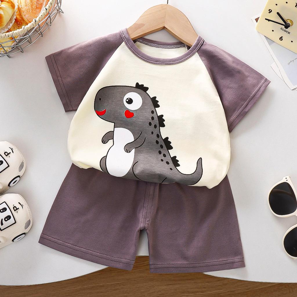 Kids Short Sleeve Cotton Set With Cartoon Pattern For Summer Play